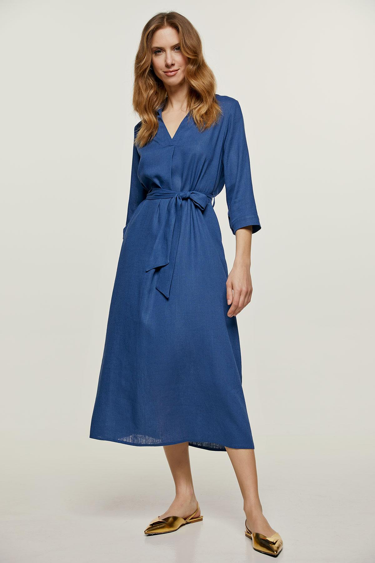 Blaues Midikleid im Leinenstil mit Gürtel