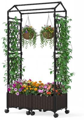 Costway 5.5 FT Self-Watering Planter Boxes with Lattice Trellis and Roof-Brown