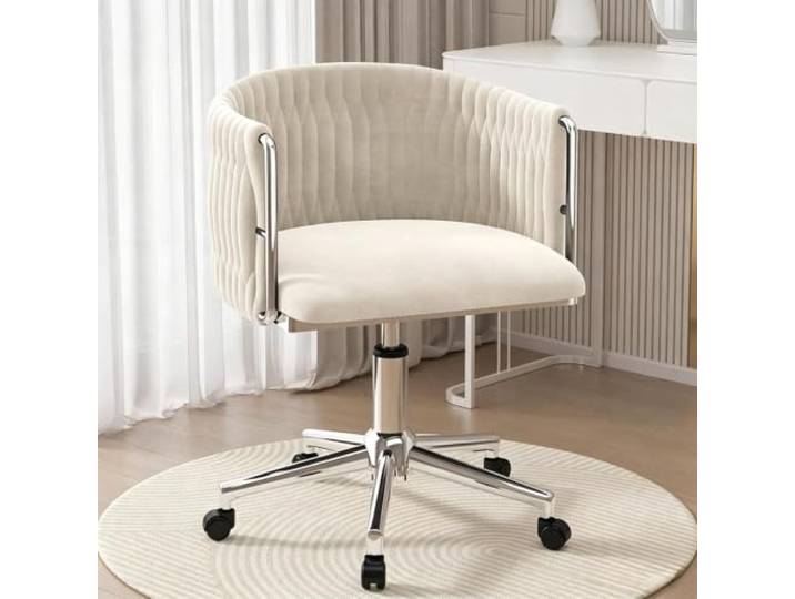 Verstellbarer Samt-Waschtischstuhl Mit Metallgestell, 360° Drehbar Ergonomischer Stuhl mit gebogener Rückenlehne, geeignet for Ankleiden, Büro und Maniküre(Silver Legs,Beige)