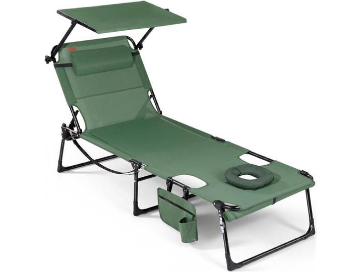 HOMECALL Bain de soleil chaise longue transat pliable avec ouverture faciale dossier réglable pare-soleil Coussin Vert