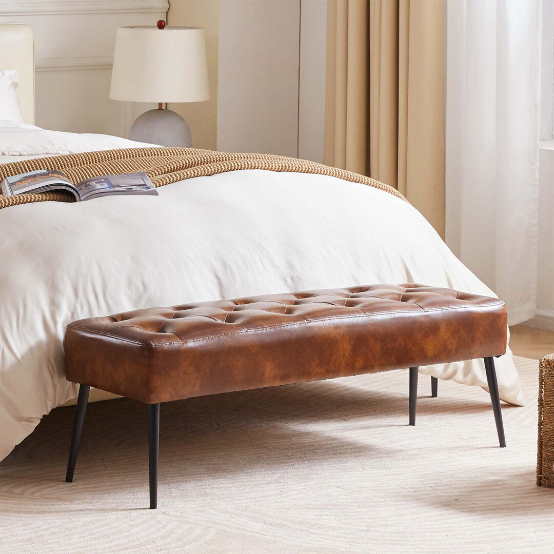 Wade Logan Faux Leather Upholstered Bench with Metal Legs Yellowish Brown 41.5cm H X 113cm W X 38cm D