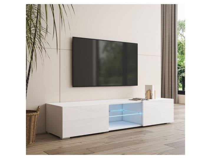 Meuble TV - DESIGN AMEUBLEMENT - TIBI - 160 cm - Blanc brillant - LED bleu