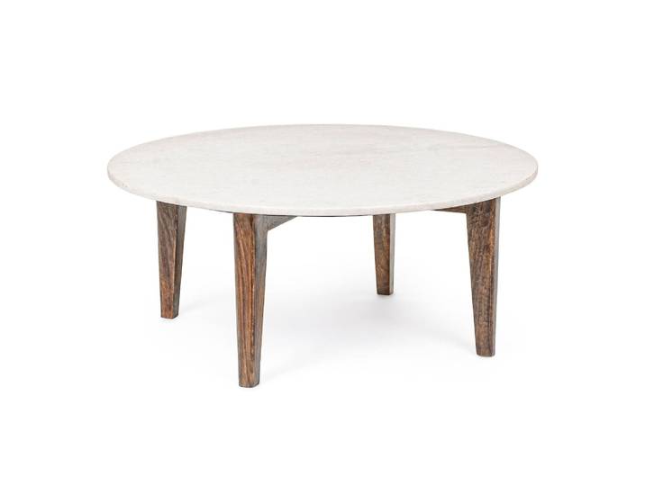 Table basse ronde vintage en manguier et marbre blanc l75