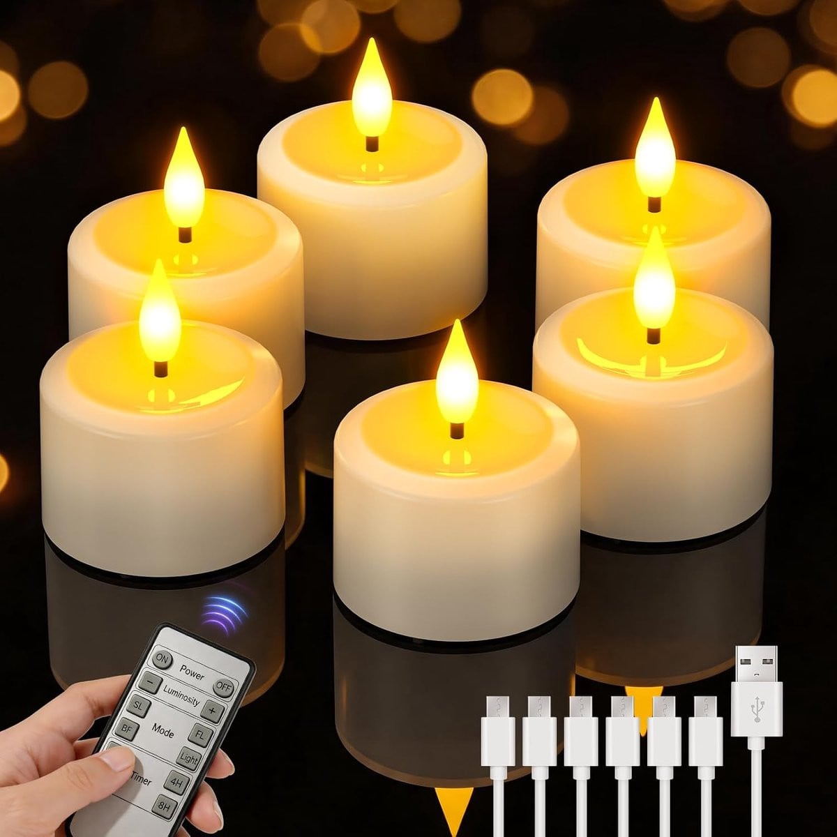 SnelShoppen 6 stuks LED USB oplaadbare theelichtjes met afstandsbediening en timer