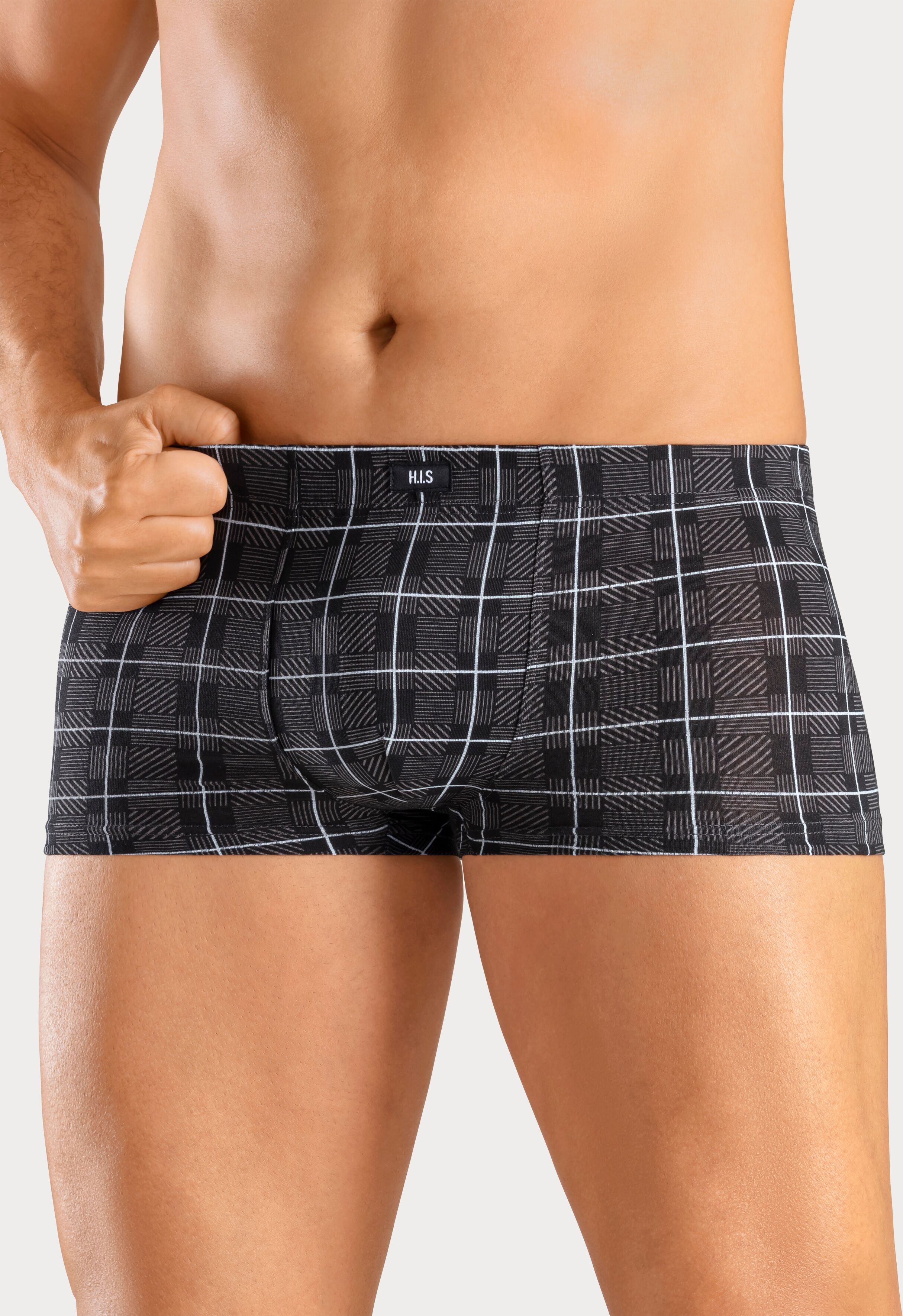 Hipster H.I.S, Herren, Gr. XL, 5 Stk., Jersey, schwarz (anthra, schwarz, grau, streifen, karo), Jersey, Obermaterial: 95% Baumwolle, 5% Elasthan, gestreift, kariert, unifarben, körpernah, Unterhosen, knapp sitzende Boxershorts aus Baumwoll-Stretch-Qualitä