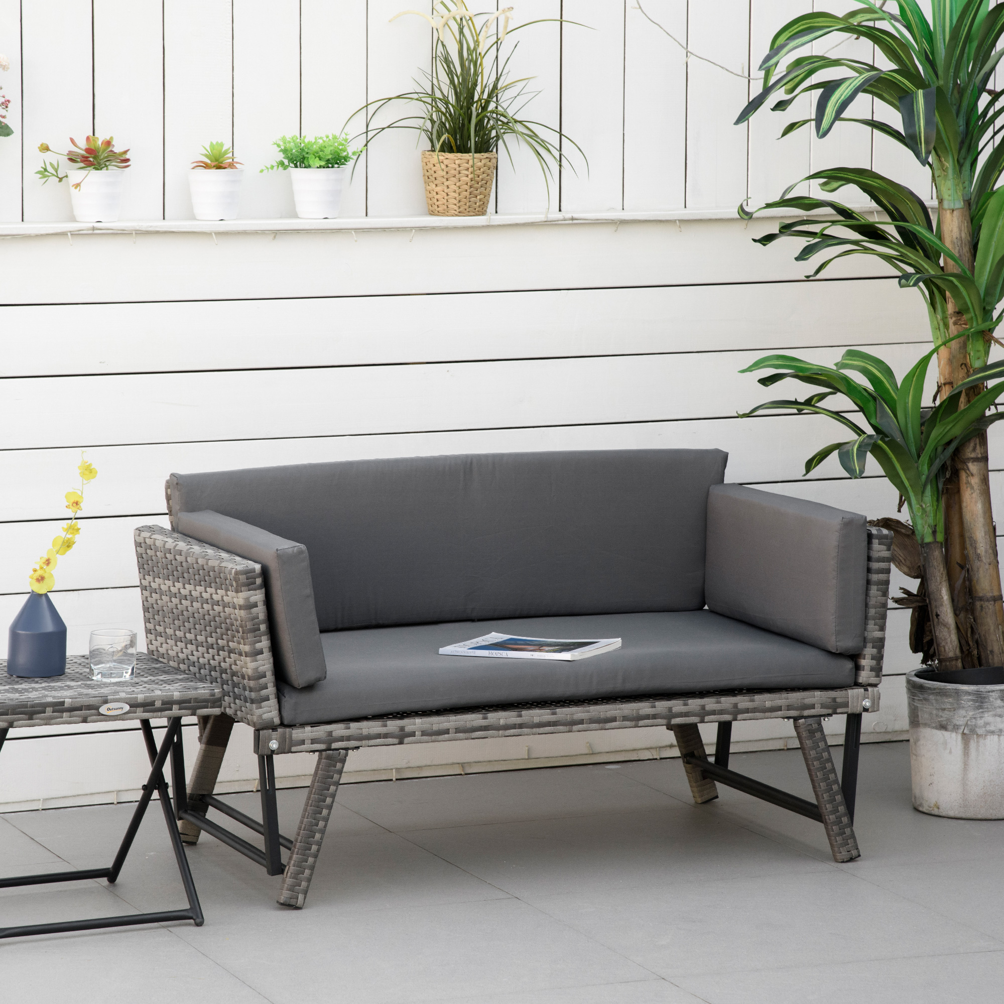 Outsunny Divano da Giardino 2 Posti in Rattan con Imbottitura e Braccioli Ribaltabili, 129x63x67cm, Grigio Aosom