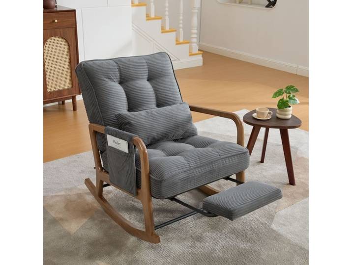 Fauteuil à Bascule Fauteuil Allaitement avec Repose-Pieds Chaise à Bascule avec coussin lombaire dossier et accoudoir Gris