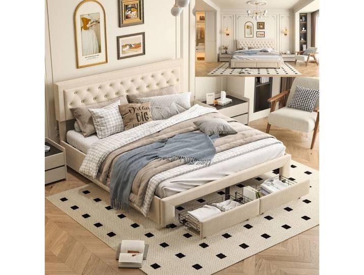 Lit 180x200 cm - tissu en Velours - lit adulte 180x200 cm - 180x200 cm - Beige