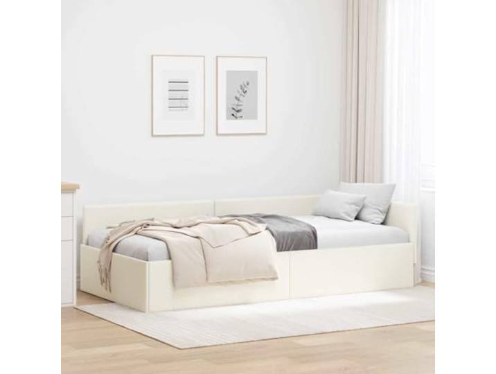 YUTAASU Eckbettgestell mit Kopfteil Creme 100 cm x 200 cm Samt L-Form Design, Lattenbasis, Kunststoffbeine, Sitz und Schlafplatz, Gästezimmer