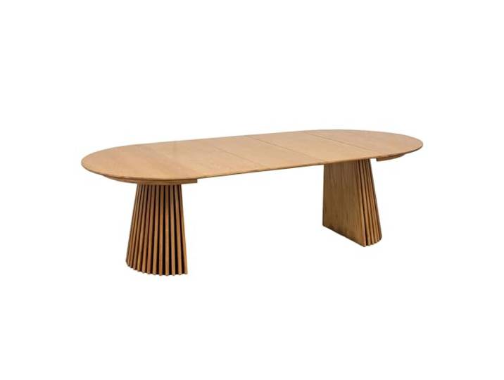möbelando Kulissen-Esstisch >Osaka< runder Design-Esstisch mit MDF-Tischplatte in geölter furnierter Eiche, ausziehbar auf 160/200/240 cm, inkl. 3 Platten, 75 cm hoch, modernes Lamellengestell.