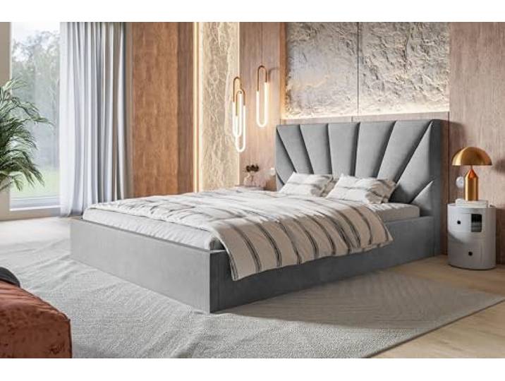 AlpiMeble Polsterbett 120x200, Jasminstoff, Holzrahmen Bett, Betten mit Bettkasten, Modern Betten, Weicher Stoff, Kollektion Slim Denver