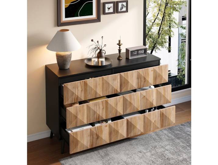 Buffet enfilade à 6 tiroirs Noir et bois naturel avec façades en relief - BEAUNIV - Salon Chambre Entrée 120×40×85 cm