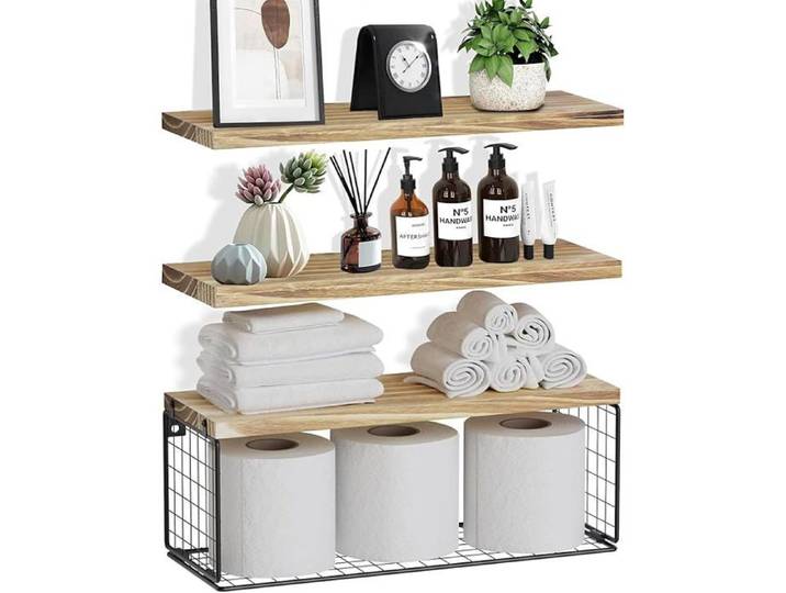 Etagere Murale Bois 3+1 Etagere Salle de Bain Etagere Murale Cuisine Étagère Murale Etagères Murales avec Panier de Rustic