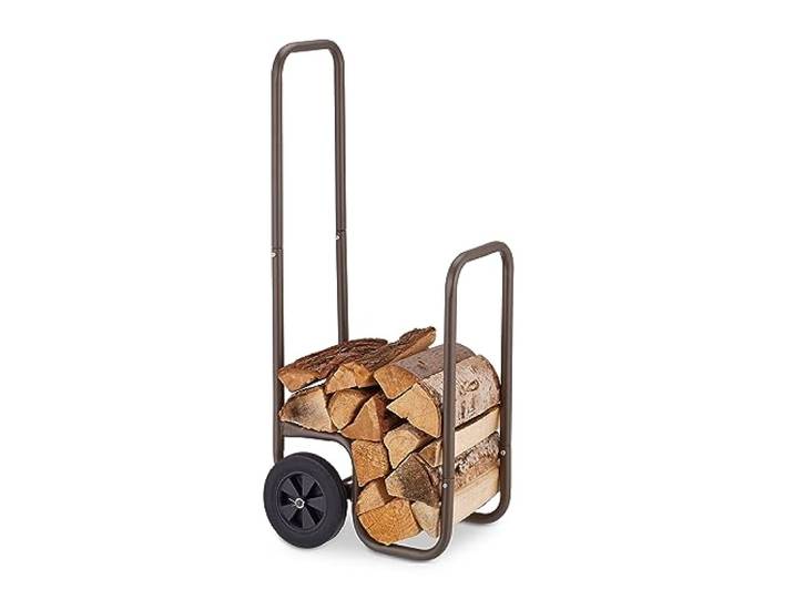 Relaxdays Kaminholzwagen, 2 Gummireifen, Holzwagen bis 60 kg, für gängige Holzscheite, Brennholz-Sackkarre, Stahl, braun