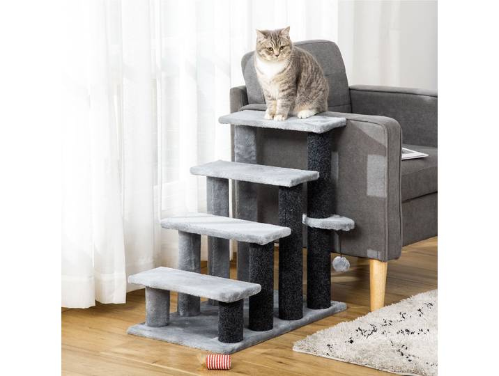 PawHut Arbre à chats Escalier pour chien Escalier pour animaux de compagnie Panneau de particules Peluche Jute Gris 60 x 40 x 64 cm
