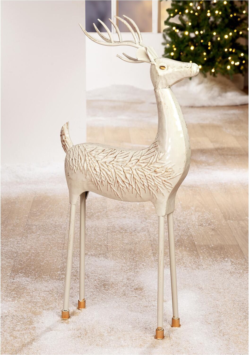 Skulptur GILDE "Figur Hirsch Vancouver grau", weiss (grau), B:43cm H:89cm T:12,5cm, Metall, Dekofiguren, Skulptur, Rentier Dekofigur Weihnachten Winter Geweih Tiermotiv grau B/H/T: 43cm x 89cm x 12,5cm, Hirsch