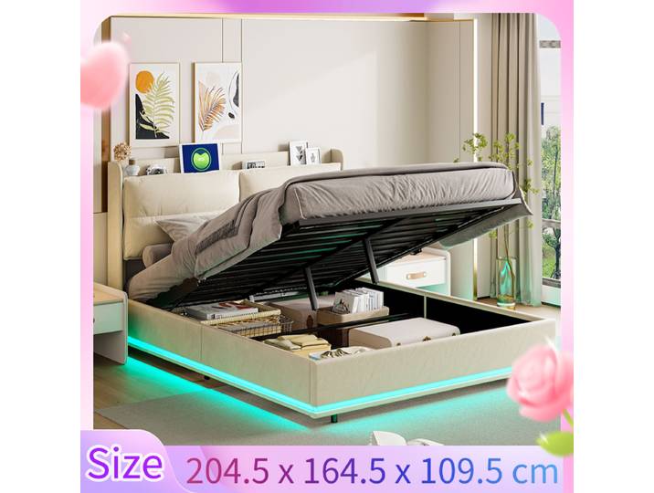 Creahappy - Lit rembourré doux - Lit double - Avec lumières LED et fonction de chargement USB - Lit de rangement avec tige de pression d'air