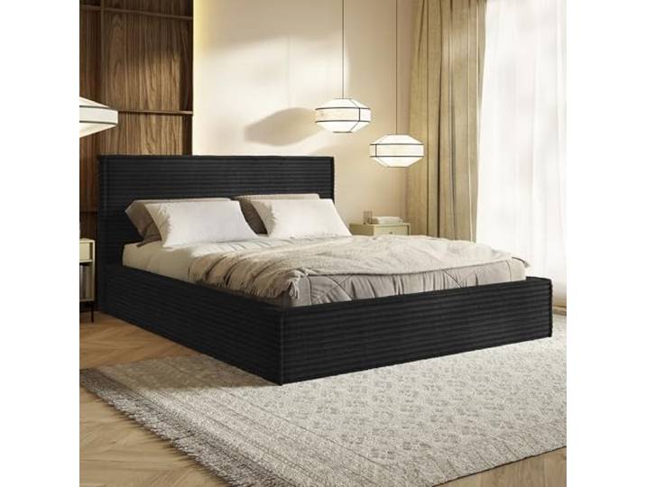 MOTIVENA Boho Bett 160x200 Schwarz Cord, mit Stauraum, mit Kopfteil, mit Lattenrost, ohne Füße, ohne Matratze, Polsterbett 160x200 mit Bettkasten Schwarz