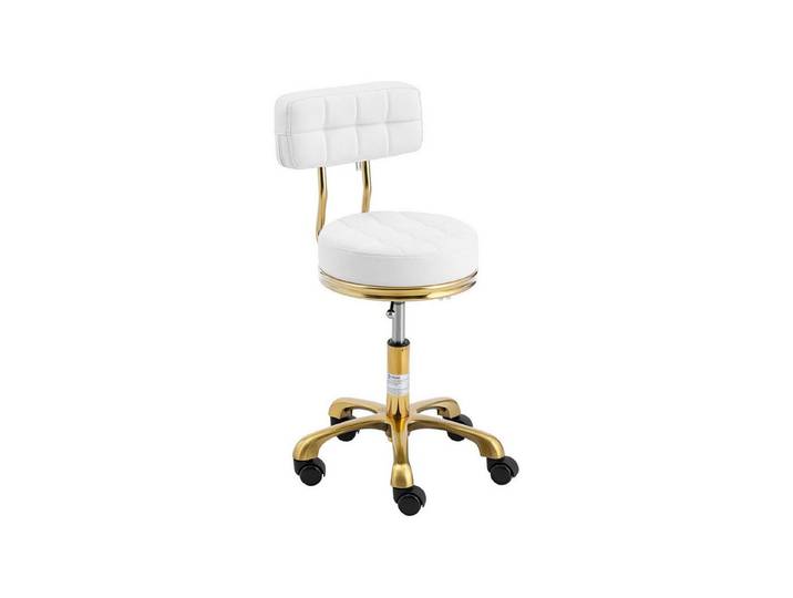 Physa Drehstuhl Rollhocker mit Lehne Friseurhocker Kosmetik 150 kg weiß & golden, Weiß