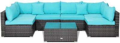Costway 7 Pieces Patio Rattan Furniture Set with Sectional Sofa Cushioned-Turquoise