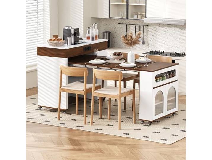 QQJIN QQJIN Kücheninsel Freistehend Als Ausziehbarer Esstisch, Mobile Kücheninsel mit Integrierte Steckdosen und Riffeglas für Küche und Esszimmer, Holzoptik,F