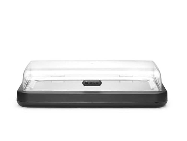 HENDI Présentoir buffet réfrigérant UNIQ GN 1/1\, Noir Socle en PP\, couvercle relevable en ABS\, bac GN 1/1 en acier inoxydable\, accumulateur de froid\, 593x389x(H)147mm
