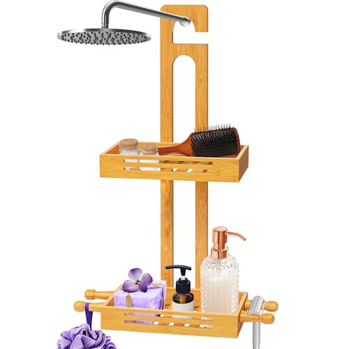 SereneLife Bamboe Doucherek – 2-Tier Doucherek met Antislip Design voor Badkamer Essentials en Zelfafvoerende Planken