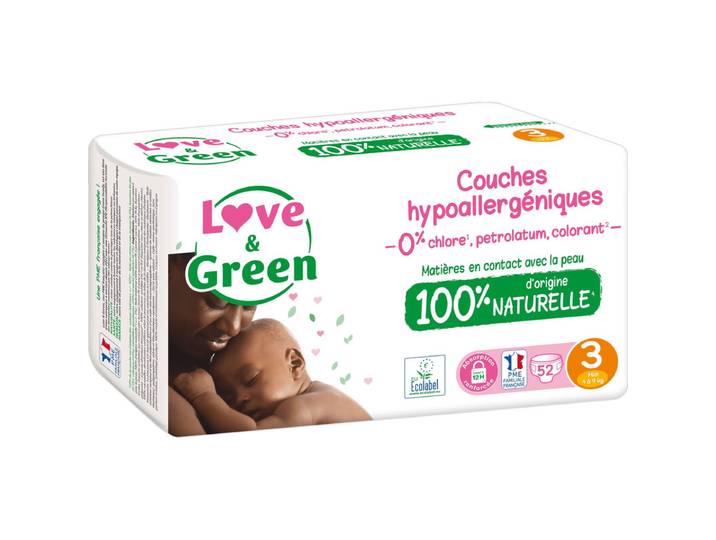 LOVE &amp; GREEN Couches Bébé Écologiques Hypoallergéniques Taille 3 4-9kg - 52 couches