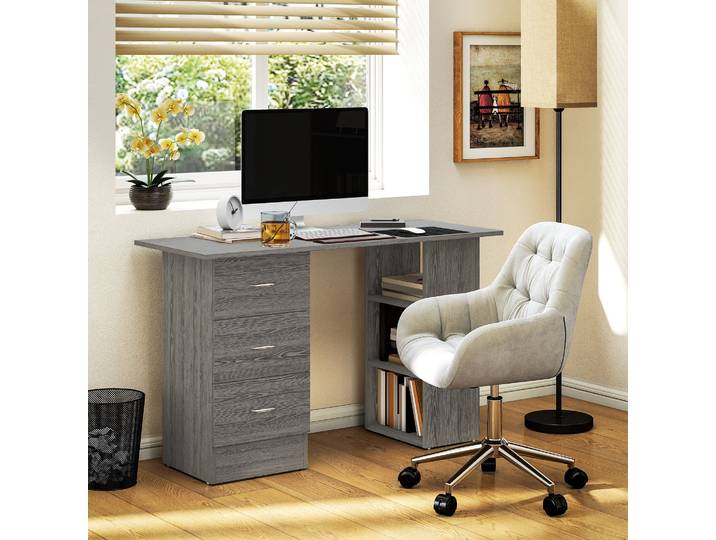 HOMCOM Bureau Réversible 120cm avec Tiroirs et Étagères Gris