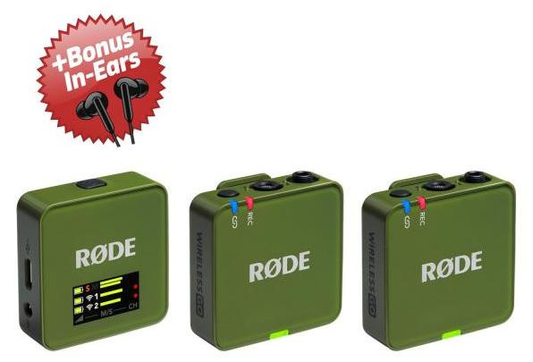 Rode Wireless GO Gen 3 draadloos microfoonsysteem, mosgroen met bonus in-ear hoofdtelefoon