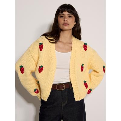 Cardigan APRICOT "Grobe Strickjacke", Damen, Gr. S (36), gelb, Strick, Obermaterial: 100% Polyester PES., uni, Strickbündchen, Strickjacken, mit Erdbeerstickerei