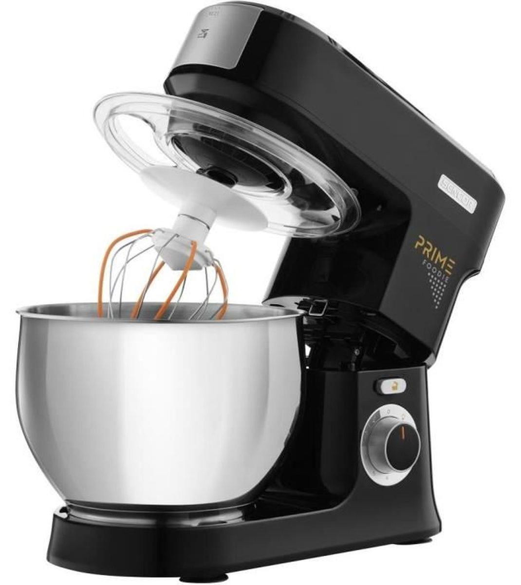Sencor STM 3741BK Staande mixer en keukenmachine, 1000 W, 4,5 liter, roestvrij staal, 6 snelheden + pulsfunctie, kantelbaar, spatdeksel, 4 accessoires