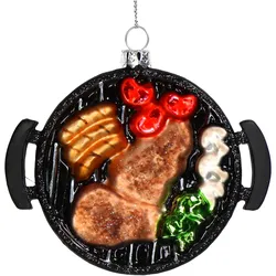 Christbaumschmuck 10cm Glas BBQ Kugelgrill Figur Handbemalt & mit Glitzer Weihnachtsbaum Anhänger Weihnachten Weihnachtsbaumschmuck Barbecue Schwarz