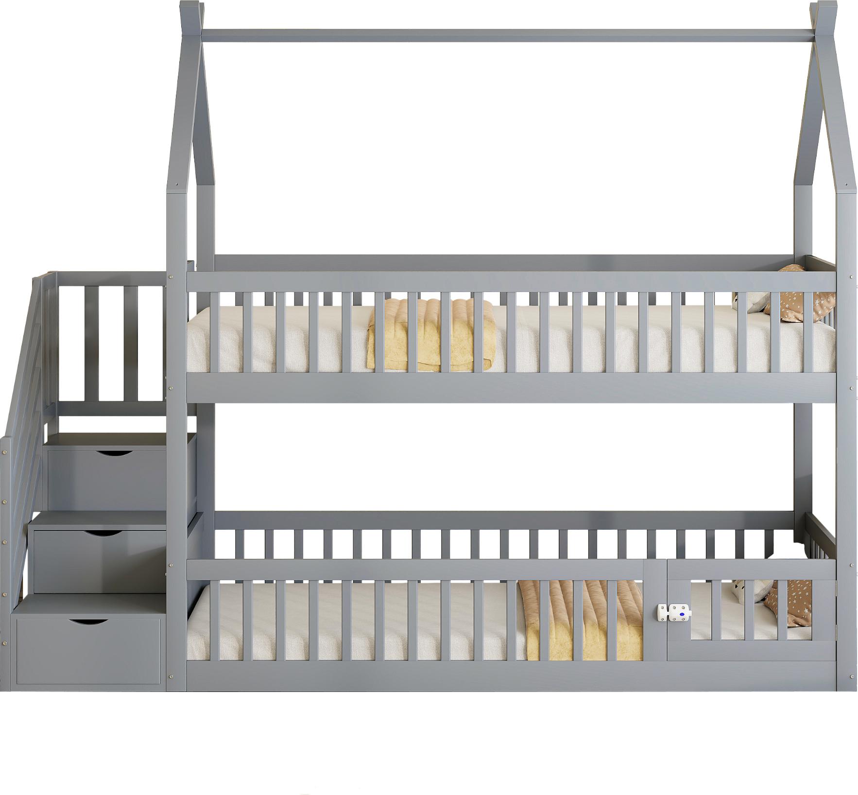 90x200 cm Kinder-Etagenbett Massivholzbett mit Dach, Sicherheitstreppe und Stauraumschubladen, Stauraum Kinderbett Einzelbett