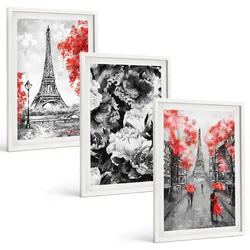 BILDER SET 3er Set - 40x60 cm Weißer Rahmen - graue Gemälde des Eiffelturms