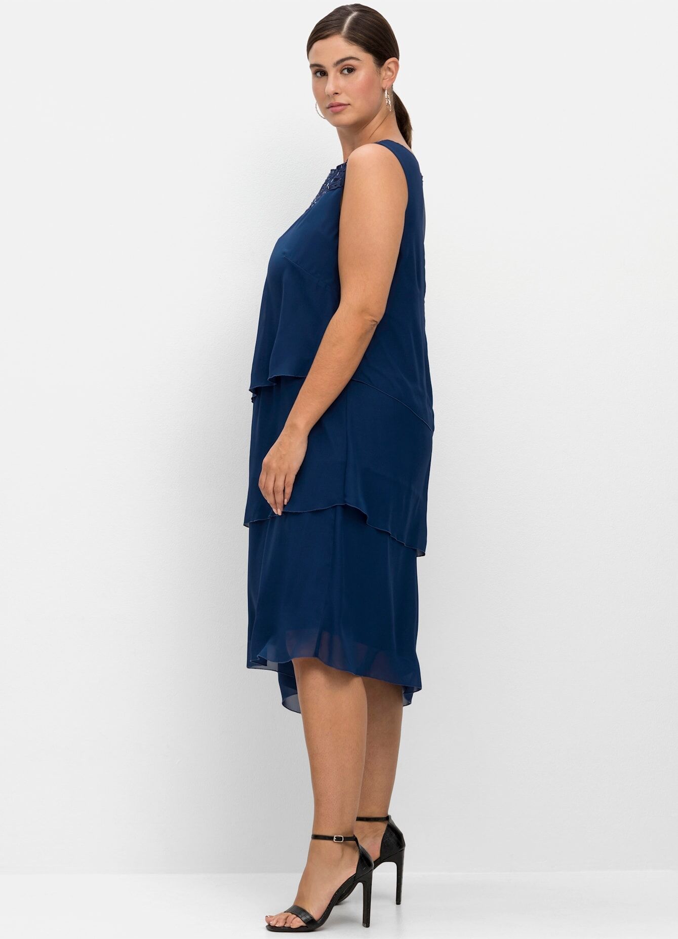 Cocktailkleid SHEEGO "Cocktailkleid", Damen, Gr. 44, Normalgrössen, blau, 100% Polyester, unifarben, lang, Rundhals, Kleider Cocktailkleid blau 44, Normalgrössen
