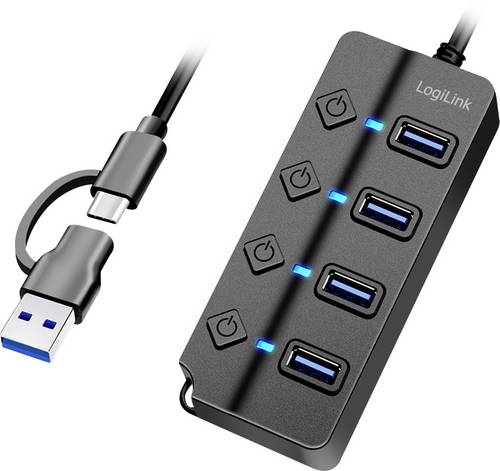 LogiLink UA0419 USB-Hub 4 Port USB-A USB 3.2 Gen1 5 GBit/s mit USB-C Stecker Schwarz UA0419