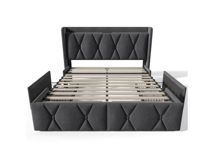 Oxeza Polsterbett 160/200 cm Grau mit aufladen USB Ladefunktion Kopfteil und 4 Schubladen, Mode, Rechteckig, 160x200 cm, Schlafzimmer, Betten, Polsterbetten