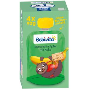 Bebivita Fruchtpüree Banane in Apfel mit Keks, 70% Frucht, Apfel & Banane, je 90 g, 4 Stück