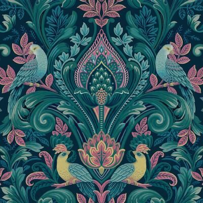 Galerie Wallcoverings Arcadia Collection Damask Bird Medallion Matte Finish Vinyl on Non-woven Wallpaper Roll