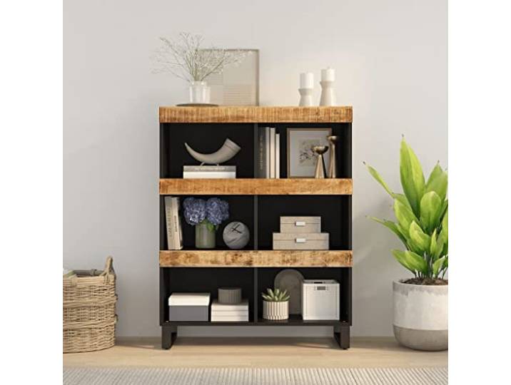 HEFZGDB Beistellschrank 85x33x107 cm Massivholz Mango Industrial Style mit robuster Tischplatte und Eisenbeinen für Stauraum und Stabilität