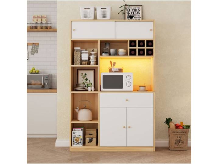 MEULVA Buffet de cuisine LED réglable meuble de rangement blanc et bois naturel 1 tiroir 3 portes