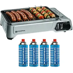 Gasgrill 1900W Antihaft-Grillrost + 4 Gaskartuschen Camping KEMPER