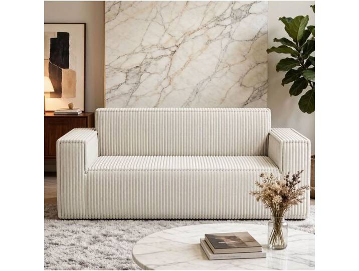 Canape fixe 2 places en velours cotele blanc casse assise profonde sans pieds sans assemblage