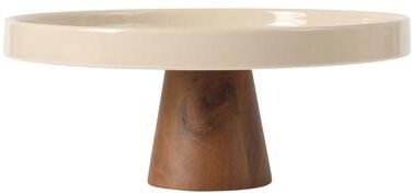 Gibson Elite 10.7-Inch Stoneware Cake Stand with Acacia Wood Base - Taupe Round Dessert Display Stand for Cakes