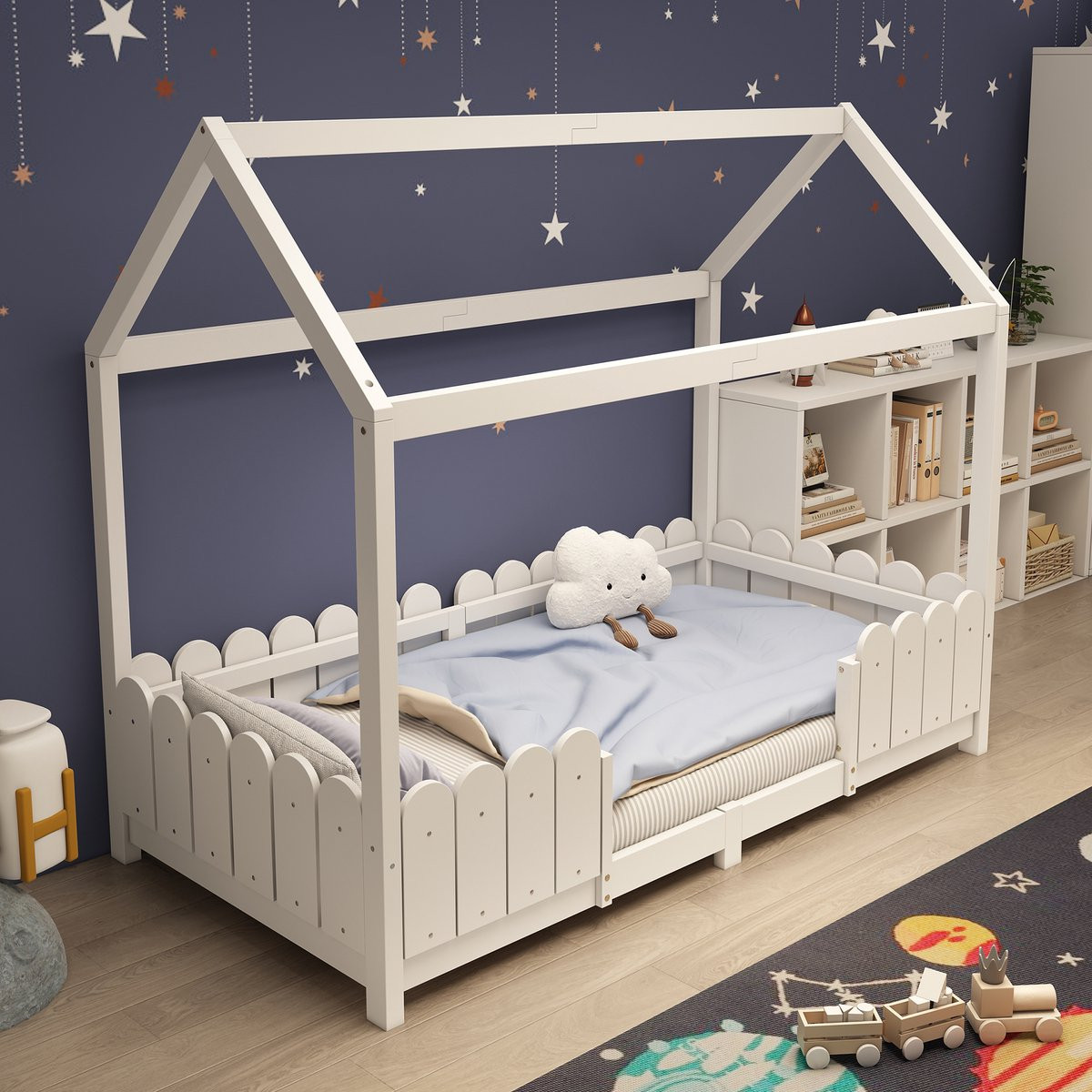 Gutent Kinderbed Wit, Multifunctioneel Houten Kinderbed met Valbeveiliging en Lattenbodem, 90 x 200 cm