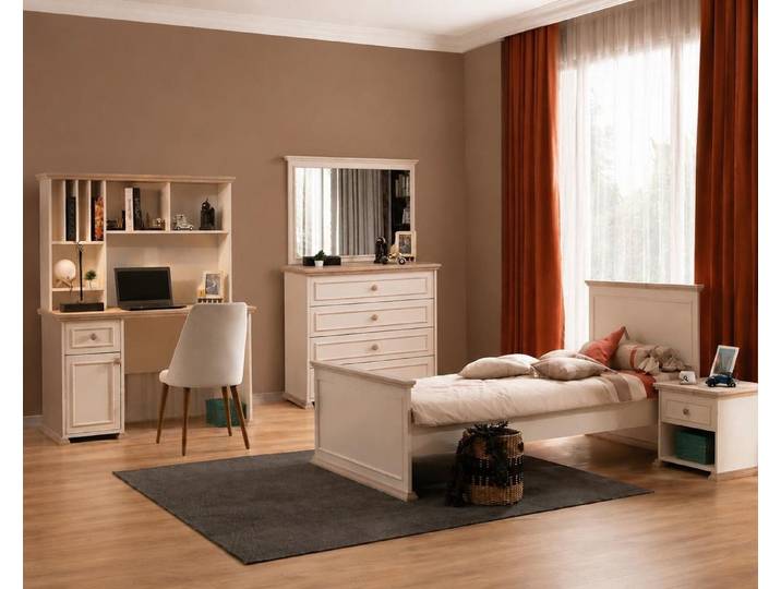 Xlmoebel Jugendzimmer-Set Bett Nachttisch Kommode Spiegel Schreibtisch Beige Schlafzimmer, (6-tlg., 6-tlg)