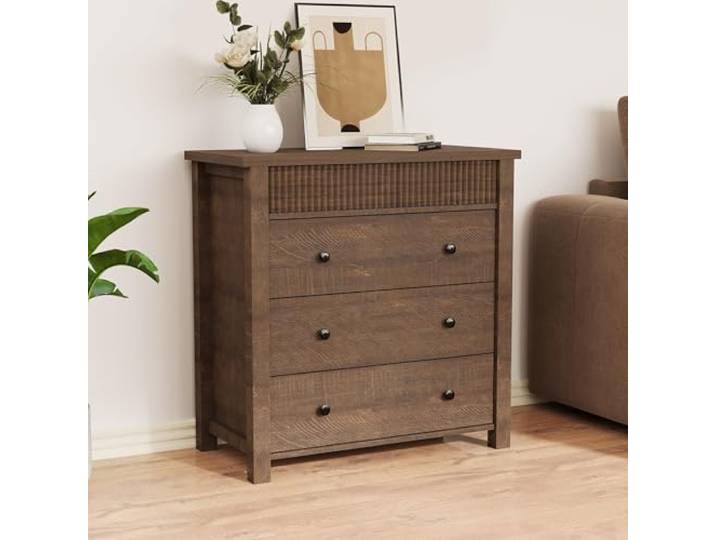 GarveeMore 3-Schubladen Kommode aus Holz mit geriffelter Front stabile Nachttischkommode für Schlafzimmer, Wohnzimmer & Flur – Braun-rötlich