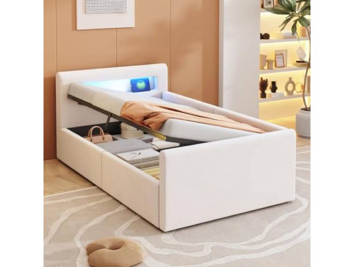 Ropilly Polsterbett Kinderbett 90x200 cm Samtbett in Beige mit Stauraum und Beleuchtung für Jugendzimmer
