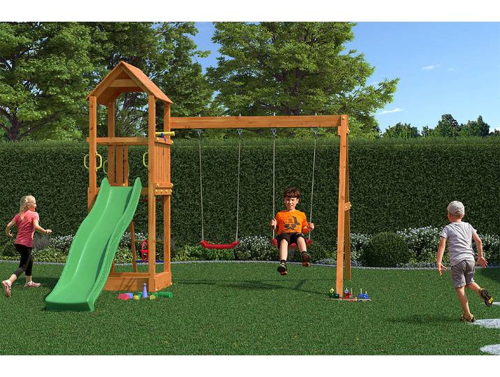 Fungoo Holzspielplatz FLA mit Kletterwand inkl. Rutsche und 2 Schaukeln, holz